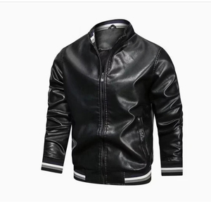 Chaqueta Bomber de Cuero PU Negra para Hombre, Cierre de Cremallera, Cuello Camisero, Manga Regular, Estilo Moto, Ropa de Otoño - Product Image 5