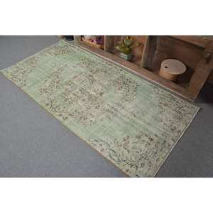 Vintage Turkish Rug Large Area 3.4 X 6.8ft Handmade Wool with Latex Backing Green Beige Patchwork Design for Hallway or Room - Product Image 4