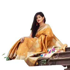 A NEW Banarasi tussar silk paithani saree with pure zari woven border and exclusive pallu from Indian Exporter