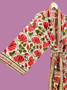 Bata Kimono de Algodón con Estampado Floral Rojo Hecho a Mano para Mujer, Túnica India Ligera, Tallas Grandes - Product Image 2