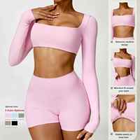 Ensemble de shorts de yoga 2 pièces pour femmes 2025, tricot sans couture, motif uni, bouton brodé, style vintage, coupe ajustée, 100 % coton