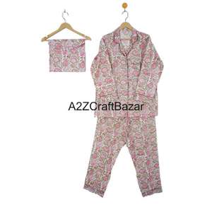 Conjunto de Pijama de Verano para Mujer, Hecho a Mano, 100% Algodón Puro, Elegante Estampado Floral, Traje de Dormir de Algodón Indio - Product Image 5