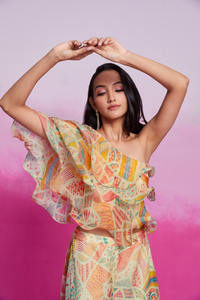 Ensemble coordonné en organza pour femmes élégantes haut et bas réguliers respirants pour une tenue décontractée dans la culture indienne et pakistanaise - Product Image 3