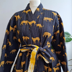 Otoño Invierno Unisex Kimono acolchado Robe Algodón puro Reversible Dressing Boho Indian Blockprint Classic Black Leopard Casual - Product Image 1