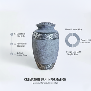Urna Funeraria de Metal para Cenizas Humanas, Acabado Plateado/Gris Moteado, Banda Grabada con Hojas, 10 Pulgadas, Fabricante Indio - Product Image 2