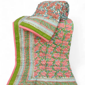 Artisanal Reversible Hand Block Printed <b>Single</b> Bed <b>Quilt</b> Peach Green Floral Cotton Duvet Lightweight Jaipuri Eco-Friendly <b>Quilt</b> - Product Image 1