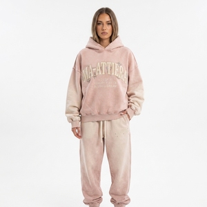 Conjunto de Sudadera con Capucha y Pantalones Deportivos para Mujer, Color Rosa Rubor, con Pedrería Bordada, de Algodón y Felpa, Estilo Oversize, Venta al Por Mayor OEM - Product Image 1
