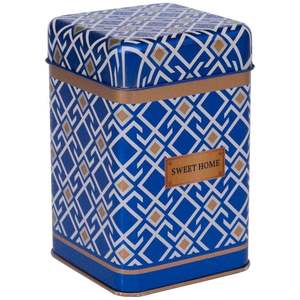 Boîte de rangement décorative de 1,7 l avec fond bleu et couvercle coulissant, 105x105x160mm, motif sans couture, lignes géométriques - Product Image 1