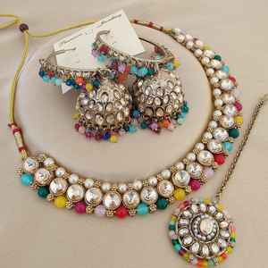 High Quality Kundan Necklace With <b>Beautiful</b> Bali <b>Earings</b> And Maang Tikka Indian Traditional Necklace Set With Maang Tikka - Product Image 2