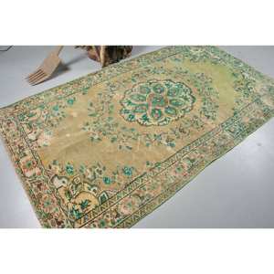 Vintage 4ft 8in Vert Beige Tapis Turc Classique Grande Surface Rectangle Patchwork Conception Seagrass Laine Latex pour Couloir Chambre Décor - Product Image 2