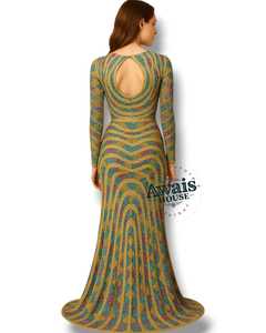 Vestido de Lujo con Cuentas Bordadas, Cristales, Perlas, Cuello Redondo, Mangas Largas, Corte en A, Cintura Imperio, Largo hasta el Suelo, 100% Poliéster Ecológico - Product Image 3