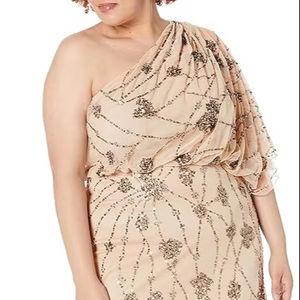 Vestido de fiesta de manga de un hombro con cuentas de lentejuelas Vestido de cóctel informal de fiesta formal adornado de tela de malla polivinílica de longitud completa - Product Image 1