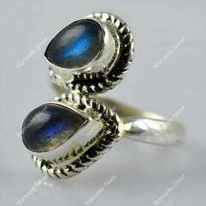Labradorite Dual Gemstone <b>Ring</b> Gray <b>Statement</b> Piece 925 Sterling Silver Jewelry Inlay Setting Perfect Anniversary Gift - Product Image 3