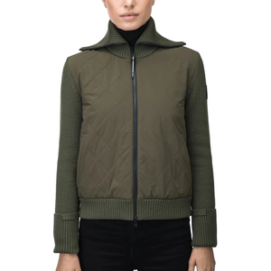Veste en tricot hybride vert olive pour femmes, devant matelassé, fermeture éclair intégrale, col montant, manches extensibles, vêtements d'extérieur modernes pour l'hiver - Product Image 4