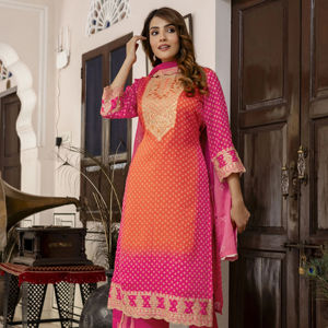 Conjunto de traje Salwar con estampado de Bandhani bordado de gasa para mujer de Trendmalls Kurta con protección solar de boda de Dupatta EN EL G289-Orange-S - Product Image 1