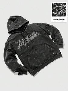 Sweat à capuche unisexe personnalisé pour l'automne avec logo avant orné de strass, style streetwear, délavage acide, 100% coton molletonné 2025 - Product Image 2
