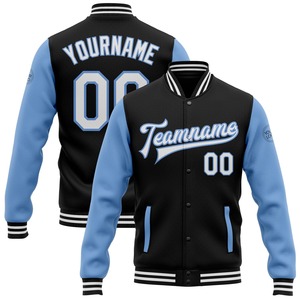 Directo de la industria, venta al por mayor, informal, de invierno, personalizado, negro, blanco, azul claro, bombardero, Full-Snap, Varsity Letterman, chaqueta de dos tonos - Product Image 1