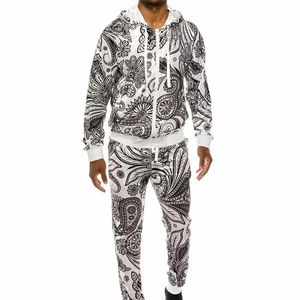 Hommes Blanc Paisley Imprimer Hoodie Survêtement Deux Pièces Ensemble Zipper Veste Jogger Pantalon Streetwear Mode Sportswear Outfit - Product Image 1