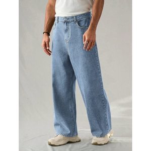 Jean en denim tendance pour homme, bleu glace, coupe droite, style vintage, écologique, respirant, coupe ample, grande taille, taille mi-haute, pantalon 28 - Product Image 2