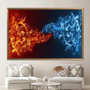 Impression sur toile moderne « Guerre du feu et de l'eau » |   Décoration murale abstraite, 1 pièce : encadrement doré - Product Image 1