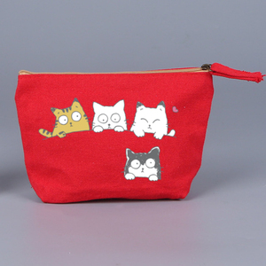 Sac à cosmétiques en toile rouge 20x15x6cm, fermeture à double fermeture éclair, motif de lettres simple, petite capacité - Product Image 5