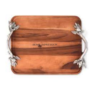 Admirable diseñador esmalte terminado desde el interior moderno creativo único aspecto elegante bandeja de forma rectangular hecha de madera con asas - Product Image 4