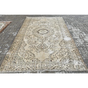 พรมตุรกีขนาด 6x9.5 ฟุต สีน้ำตาลลายทาง พรมขนสัตว์วินเทจ - Product Image 1