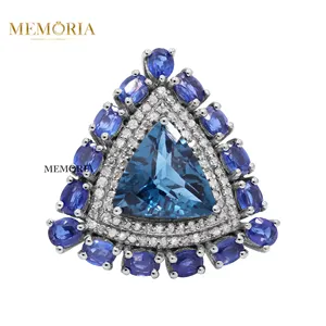 Elegant Dazzling Trillion Shape London Blue Topaz Tanzanite And Diamond Victorian Ring For Women 925 Sterling Silver Ring
