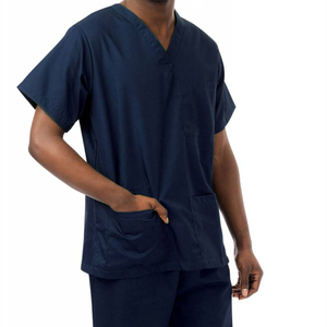 Men Navy Blue V-Neck <b>Scrub</b> Top Cotton Polyester Woven Hospital <b>Uniforms</b> With Front Pockets - Product Image 1