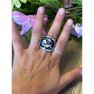 Southwest Multi Stone Sterling <b>Silver</b> Inlay <b>Ring</b> Rhodium Plated Geometric <b>Opal</b> Jewelry - Product Image 2