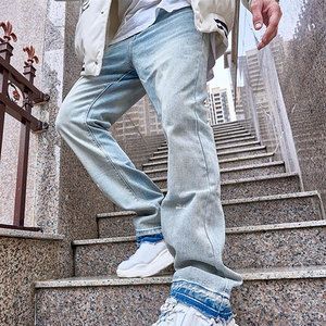 Pantalones vaqueros informales ajustados para hombre, estilo recto con cierre de cremallera, técnica lavada, pantalones transpirables con pierna holgada con agujero - Product Image 4