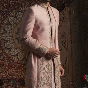 STYLISH EMBROIDERY on PINK GROOM SHERWANI,<b>PANT</b> & STOLE WITH EMBELLISHED CRYSTAL GLASS BEADS,DABKA,STONE WORK for WEDDING=2024 - Product Image 1