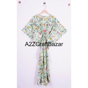 Robe longue pour femme en coton 100% imprimé à la main en Inde, respirante, séchage rapide, robe d'été pour les vacances avec fermeture à ceinture - Product Image 1