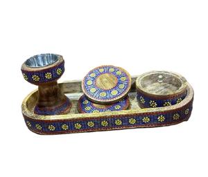 Mubkhara en bois peint de luxe avec bol en métal et récipient en verre, brûleur d'encens, brûleur d'oud, ensemble de plateaux pour la décoration de la maison - Product Image 4