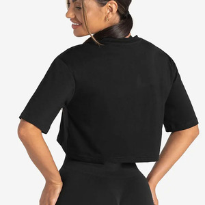 Camiseta corta negra de algodón 100% para mujer, camiseta de manga corta con hombros caídos, suave, elástica, elegante, informal, para Yoga, gimnasio, Fitness - Product Image 2