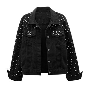 Chaqueta vaquera de perlas para mujer de alta calidad, abrigo vaquero recortado con diamantes de imitación, prendas de vestir de algodón de Color sólido para primavera y otoño, Chaquetas vaqueras - Product Image 1