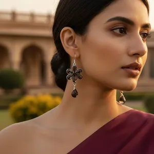 Boucles d'oreilles en argent 925 avec pierre précieuse en quartz fumé, pendentif mignon en forme de goutte pour mariage - Pierres principales incluent l'ambre, la perle, le diamant - Product Image 1