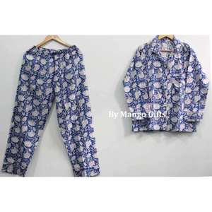 Conjunto de Pijama Casual para Mujer, Estampado Floral Azul, 100% Algodón, Estampado a Mano, Tela Suave, con Botones, ODM, para Verano - Product Image 1