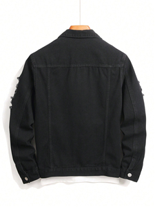 Veste en jean vintage unisexe de haute qualité, noire, manches longues, déchirée, effilochée, poche rabattable, écologique, coupe-vent, tendance printemps - Product Image 3