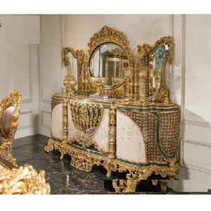 Juego de mesa de consola tallada doble de hoja de oro de lujo, tocador de estilo europeo con espejo, juego de tocador tallado en madera India - Product Image 1