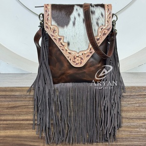Bolso de Mano Cruzado de Cuero Vacuno con Flecos y Diseño Floral de Lujo, Tendencia 2025, para Mujer, Bolso de Hombro Vintage de Cuero Genuino - Product Image 1