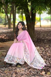 ผ้าส่าหรีผ้าลินินผสมฝ้ายเนื้อนุ่ม พร้อมงานปักลายกระจกแบบอาอีร์ และพู่ฝ้ายสำหรับผู้หญิง - Product Image 2