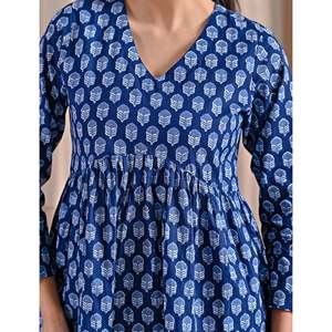 Top Peplum de Algodón Popelín Azul Jaipuri con Estampado de Bloques, Asimétrico, Bordado Floral y Rayas, Largo, Tallas XL XXL, para Otoño, Ropa Formal - Product Image 2