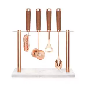 Best Sale Stainless Steel with copper plated bar tolls 4 pcs set with wood handle and Marble stone Base of stand Hot Sale 2024