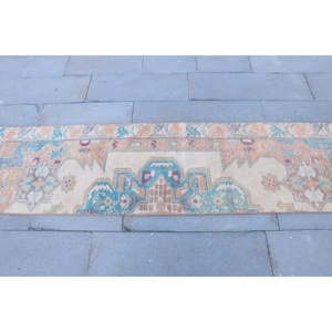 Alfombra Turca, Alfombra Vintage de 2x7.6 pies, Alfombra Ikat Azul y Naranja - Product Image 4