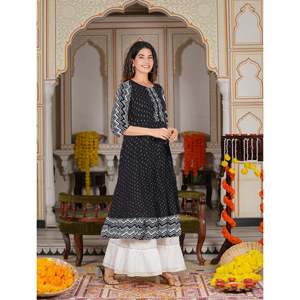 Blusas y camisas con estampado geométrico dorado de rayón viscosa Anarkali para mujer Diseño Kurti elegante para mujer - Product Image 4