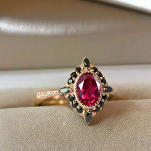 Anillo antiguo de rubí y espinela negra, 6*8mm, forma ovalada, rubí cultivado en laboratorio, anillo de compromiso de oro sólido de 10K, anillo de piedras preciosas Art Deco hecho a mano - Product Image 2