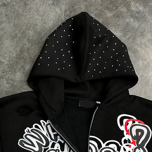 Personalizar Streetwear Y2k Puff impreso diamantes de imitación en la capucha apenado Vintage hombres sudaderas con capucha 500 GSM cremallera negro Sudadera con capucha de gran tamaño - Product Image 6