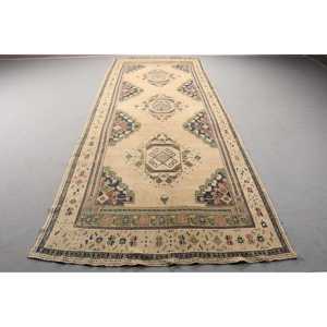 Turkish Rug, 5x12,5 ft Runner Rug, <b>Brown</b> Check <b>Wool</b> Vintage Rug - Product Image 1