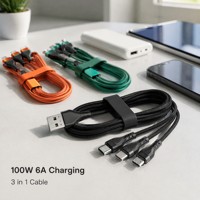 Câble de charge USB XXD OEM 100W 6A 3 en 1, 1,2 m, tressé en nylon, multi-connecteurs, charge rapide, cordon de données, logo personnalisé